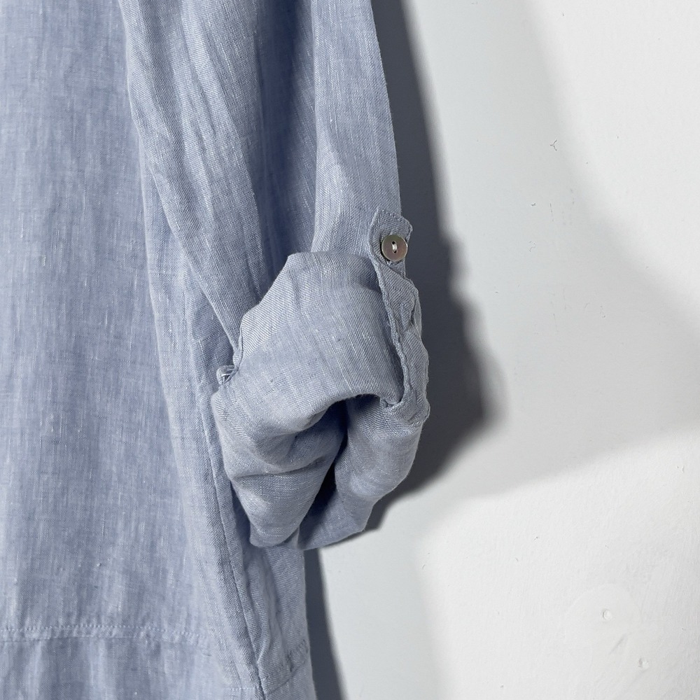 Tahari 100% Linen Tunic Shirt Womens Sz L Blue Roll Tab Sleeves Relaxed - Picture 6 of 12